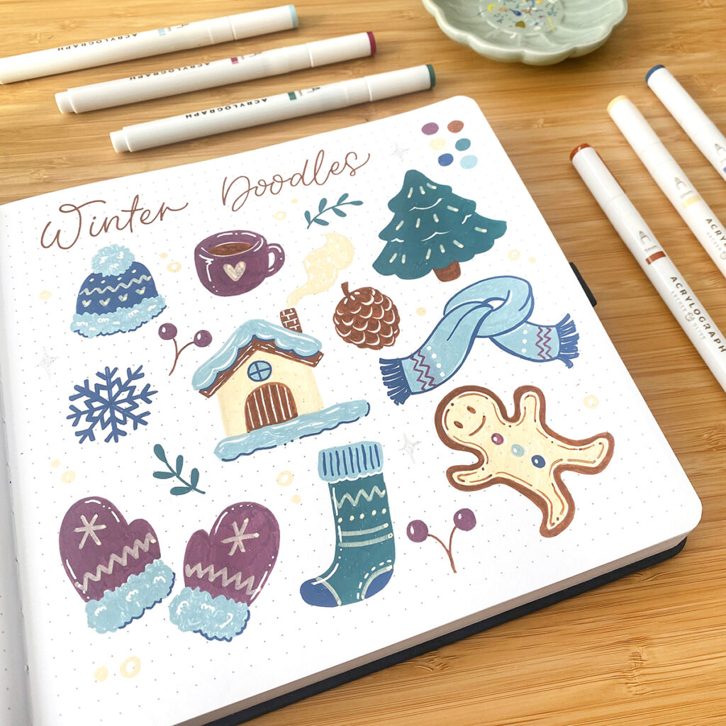 Doodles de invierno coloreados con rotuladores acrílicos